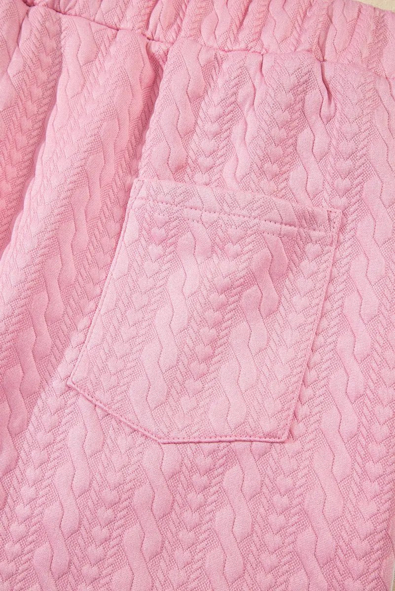 Pink Contrast Trim Textured Crewneck Tee And Pocketed Skirt Set - Love Salve